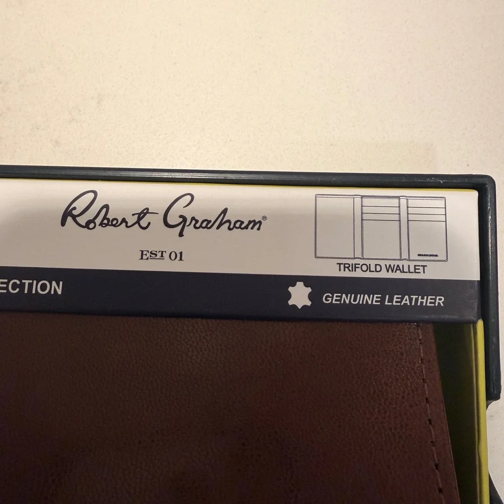 Robert Graham Mens NEW Genuine Leather Tri-Fold Wallet Brown RFID Blocking Boxed